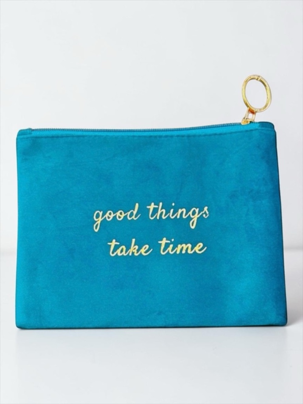 Anthropologie “Good Things Take Time” Teal Suede Pouch | Quote Clutch NWOT